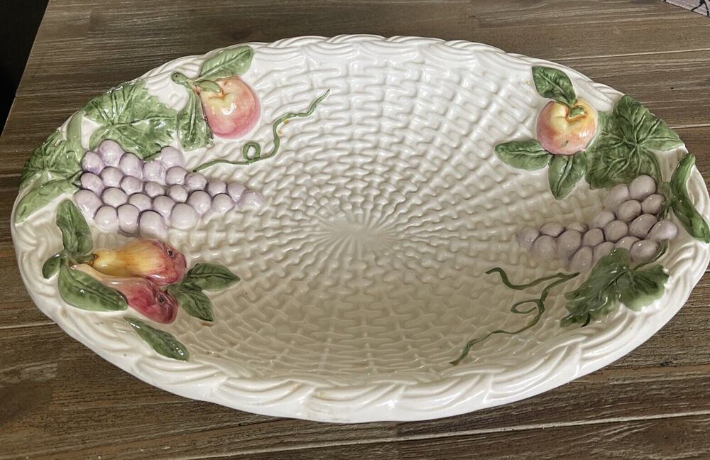 Vintage Lattice Majolica Porcelain Fruit Basket Pears Grapes Oval Bowl